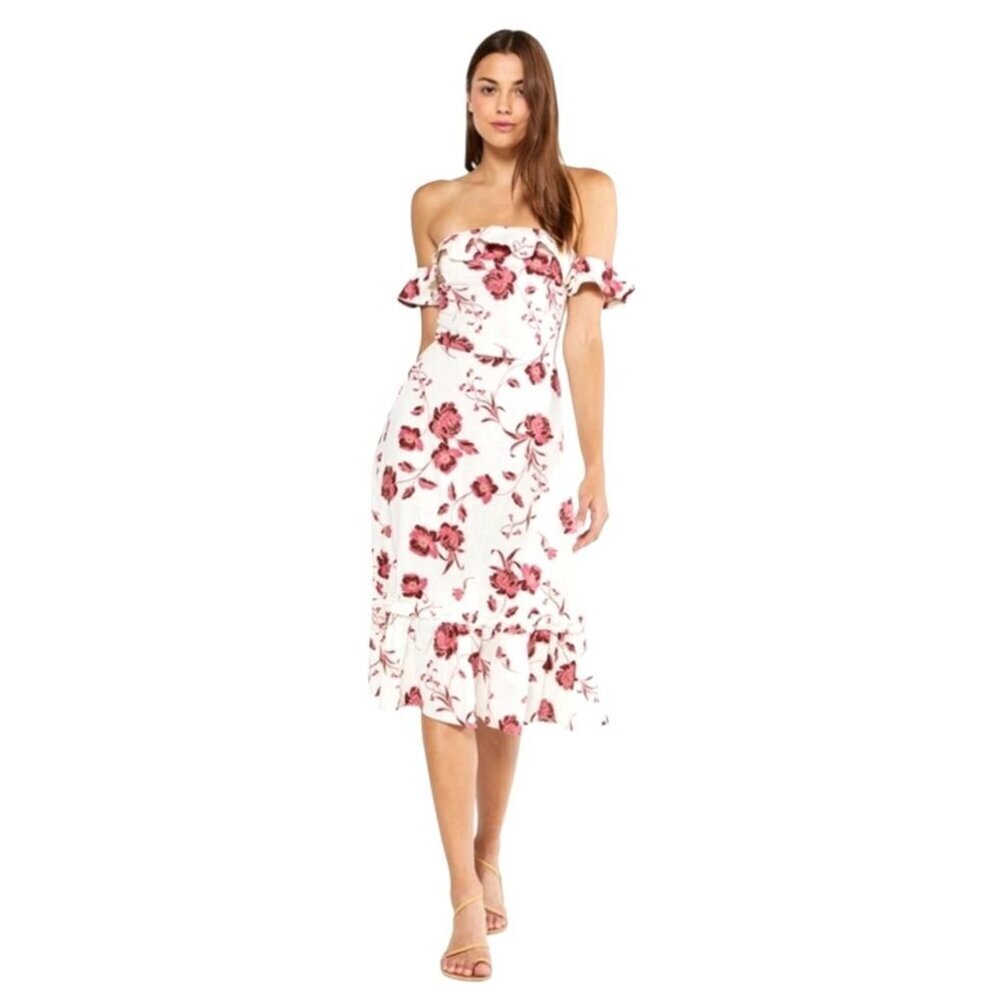 Misa Los Angeles Dress Women XS White Red Abstract Peony Floral Linen Oona Midi